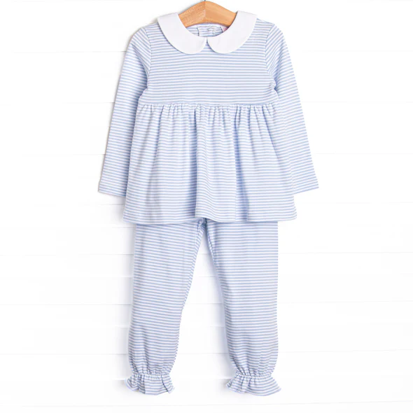 (Custom Design Preorder MOQ 5) Stripes Tunic Top Blue Pants Girls Fall Clothes Set