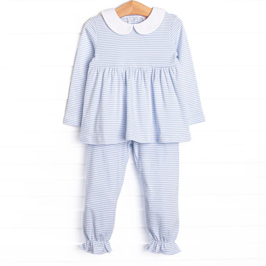 (Custom Design Preorder MOQ 5) Stripes Tunic Top Blue Pants Girls Fall Clothes Set