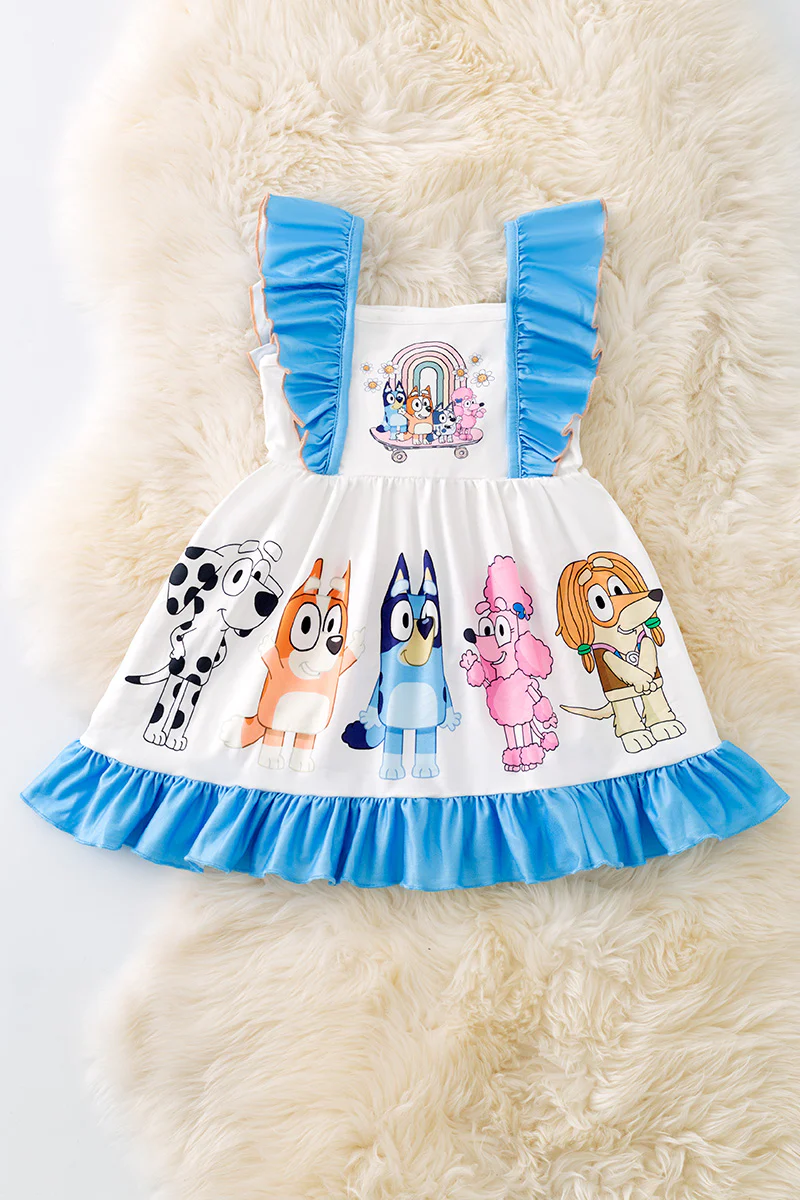 (Custom Design Preorder MOQ 5) Cartoon Dog Blue Print Girls Summer Knee Length Dress
