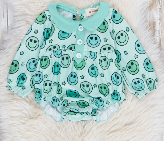 (Custom Design Preorder MOQ 5) Smiling Face Green Print Baby Girls St. Patrick's Day Romper