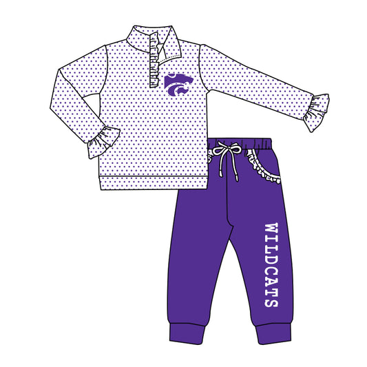 (Custom Design Preorder MOQ 5) Team's WILDCATS Pullover Top Purple Pockets Pants Girls Fall Clothes Set