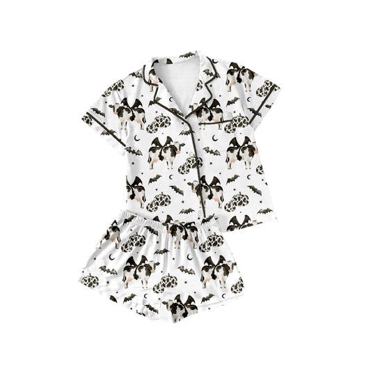 (Custom Design Preorder MOQ 5 Each Design) Cow Pumpkin Bat Print Halloween Buttons Pajamas Sets Mom and Me Matching Clothes