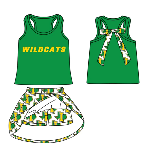 (Custom Design Preorder MOQ 5 ) Team's WILDCATS Green Print Skirts Girls Summer Clothes Set