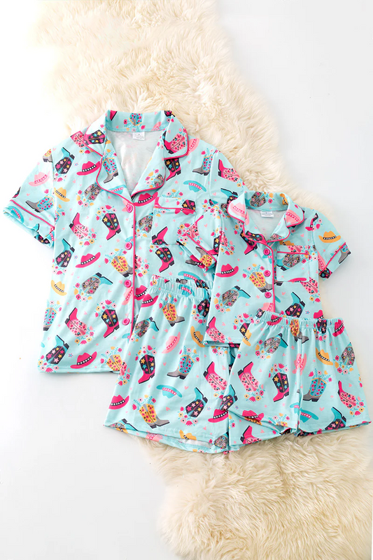 (Custom Design Preorder MOQ 5 Each Design) Flowers Boots Hat Print Buttons Pajamas Sets Mom and Me Summer Matching Clothes