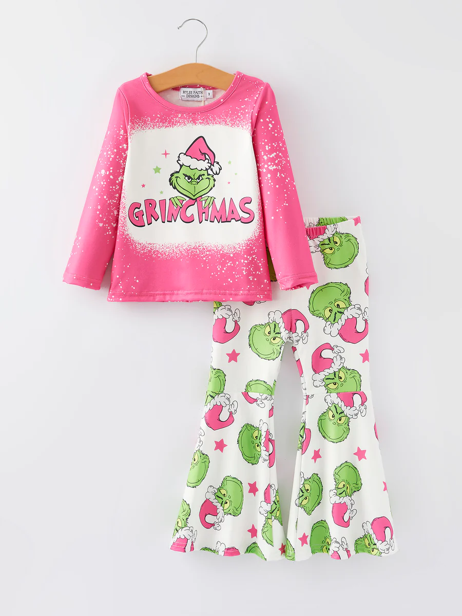 (Custom Design Preorder MOQ 5) Green Frog Top White Pants Girls Christmas Clothes Set