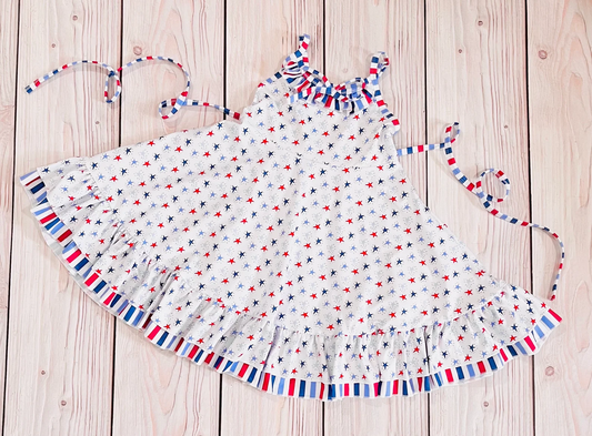 (Custom Design Preorder MOQ 5) Stars Print Girls Knee Length 4th of July Dress