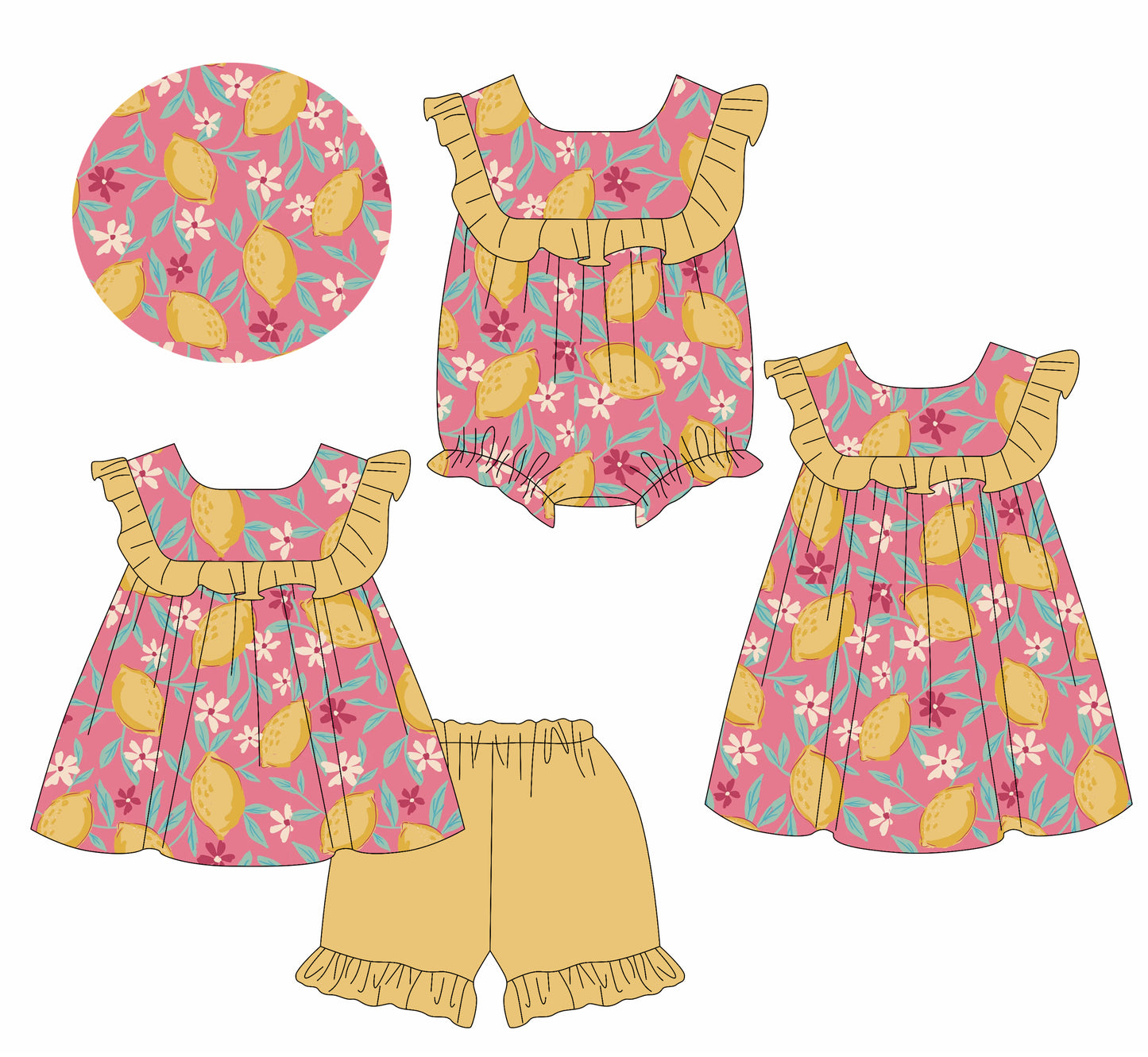 3.31(Custom Design Preorder MOQ 5 Each Design) Lemon Flowers Print Girls Summer Matching Clothes Sisters Wear