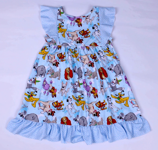 (Custom Design Preorder MOQ 5) Cartoon Dogs Blue Print Girls Knee Length Summer Dress