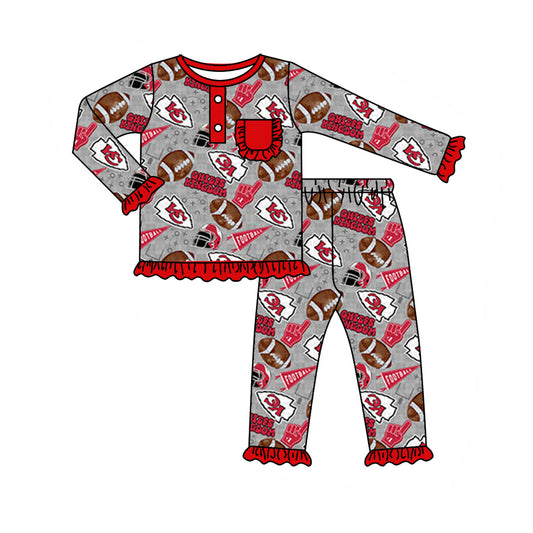 (Custom Design Preorder MOQ 5) Team's KC Gray Print Pocket Girls Fall Pajamas Clothes Set