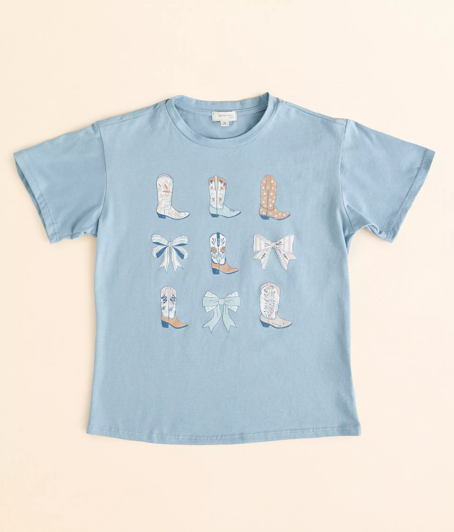 (Custom Design Preorder MOQ 5) Boots Bows Blue Print Girls Western Tee Shirts Tops