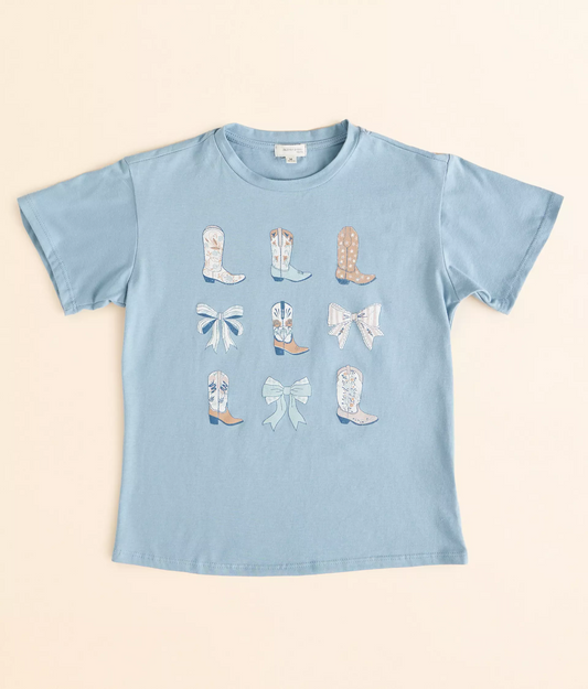 (Custom Design Preorder MOQ 5) Boots Bows Blue Print Girls Western Tee Shirts Tops