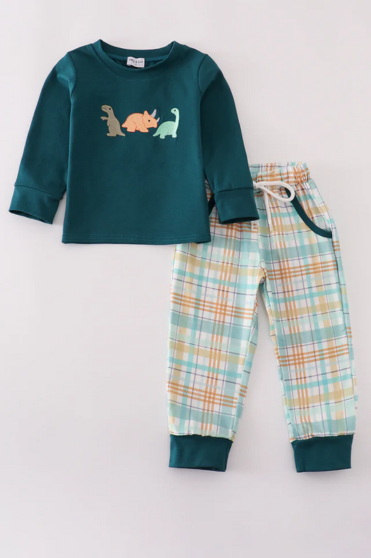 (Custom Design Preorder MOQ 5) Dino Top Plaid Pants Boys Fall Clothes Set