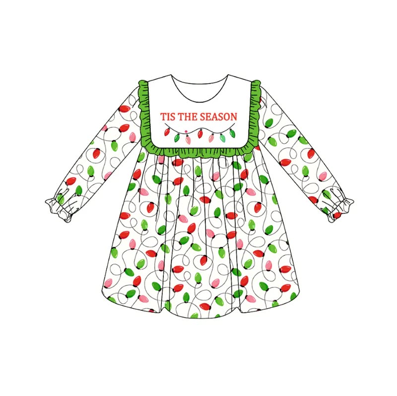 (Custom Design Preorder MOQ 5 ) Holiday Lights Print Girls Christmas Knee Length Dress