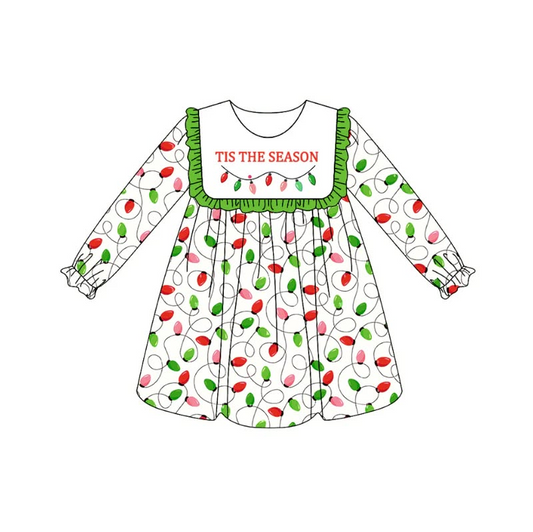 (Custom Design Preorder MOQ 5 ) Holiday Lights Print Girls Christmas Knee Length Dress