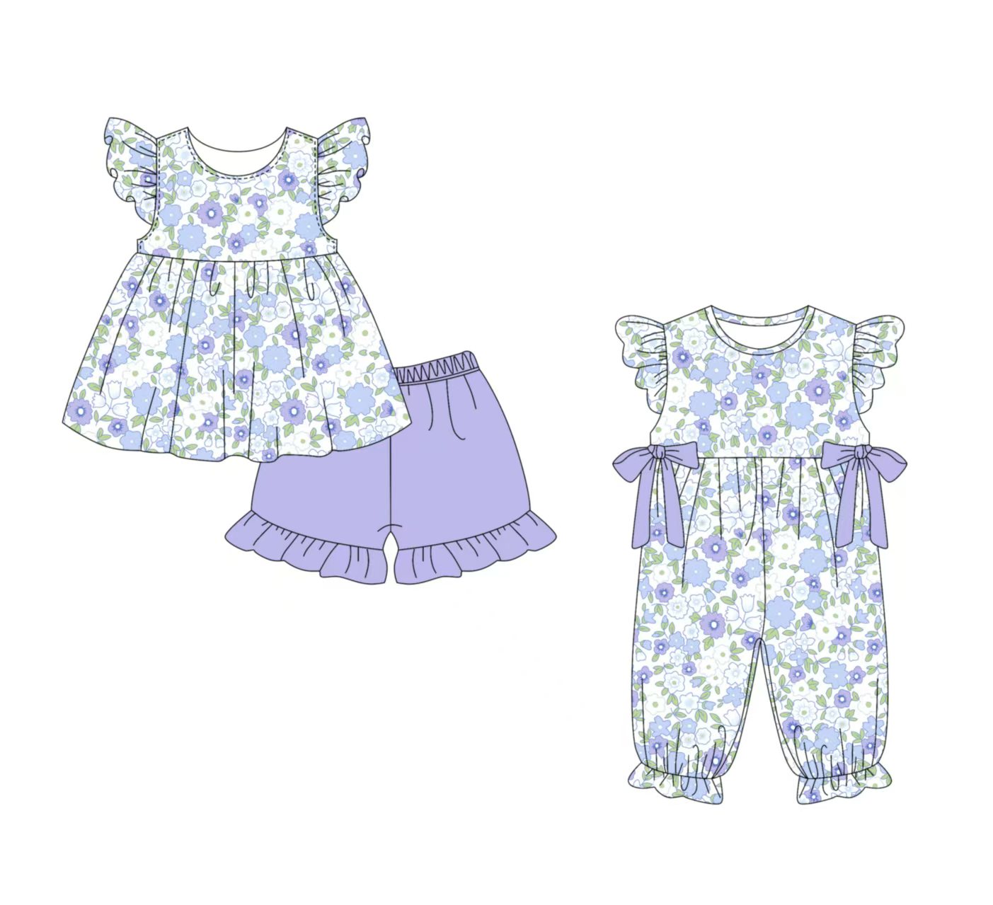 3.10(Custom Design Preorder MOQ 5 Each Design) Blue Purple Flowers Print Girls Summer Matching Clothes Sisters Wear