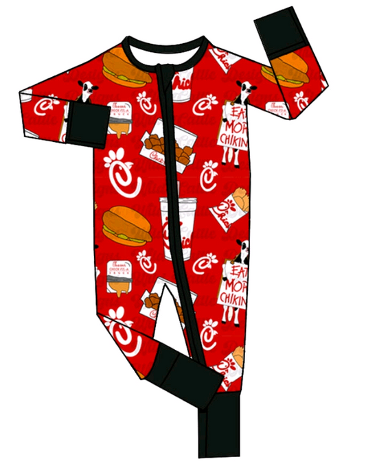(Custom Design Preorder MOQ 5 ) Hamburger Fried Chicken Print Baby Girls Fall Sleeper Zipper Romper