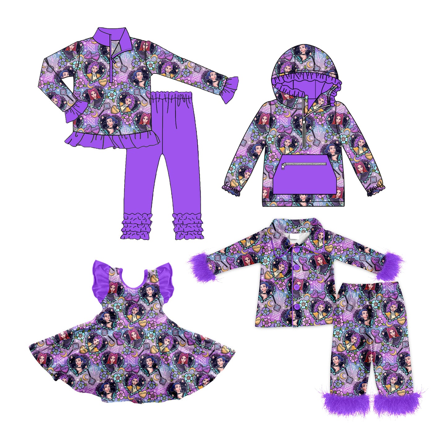 12.1(Custom Design Preorder MOQ 5 Each Design) Cartoon Demon Movie Purple Hearts Flowers Print Girls Matching Clothes Sisters Wear