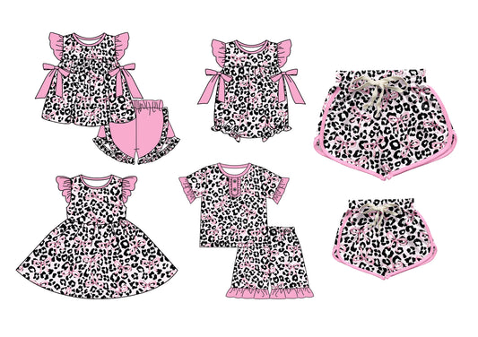 11.9(Custom Design Preorder MOQ 5 Each Design) Leopard Pink Bows Print Kids Summer Matching Clothes Sisters Wear