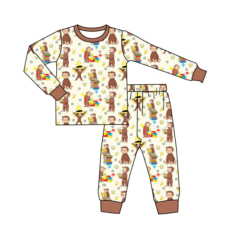 (Custom Design Preorder MOQ 5) Monkey Print Kids Fall Bamboo Pajamas Clothes Set