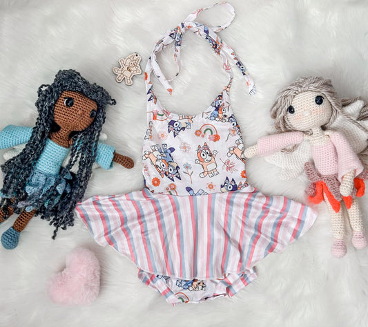 (Custom Design Preorder MOQ 5) Cartoon Dog Flowers Print Baby Girls Summer Romper