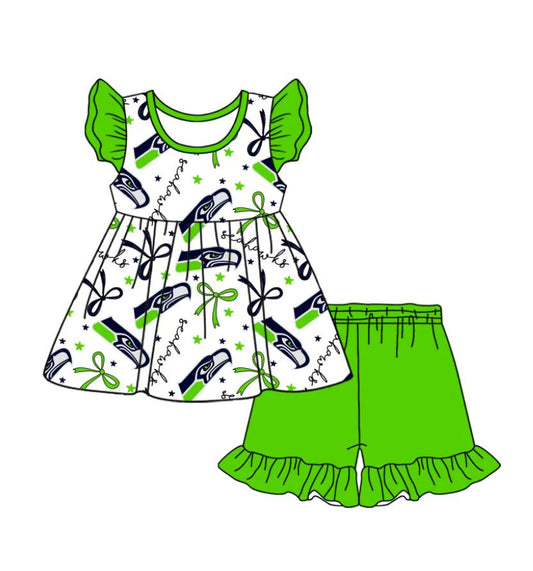 (Custom Design Preorder MOQ 5) Team's Seahawks Bows Top Green Shorts Girls Summer Clothes Set