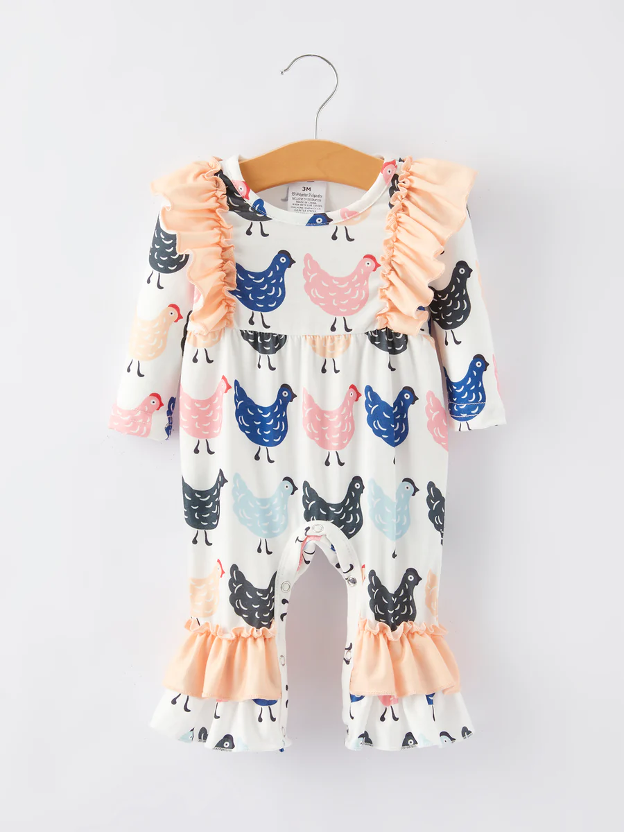(Custom Design Preorder MOQ 5) Chicken Print Baby Girls Romper