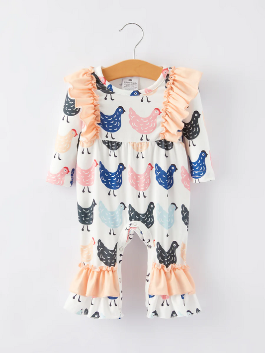 (Custom Design Preorder MOQ 5) Chicken Print Baby Girls Romper