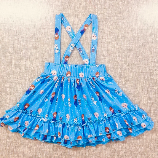 (Custom Design Preorder MOQ 5)  Cartoon Princess Blue Print Girls Knee Length Suspender Skirt