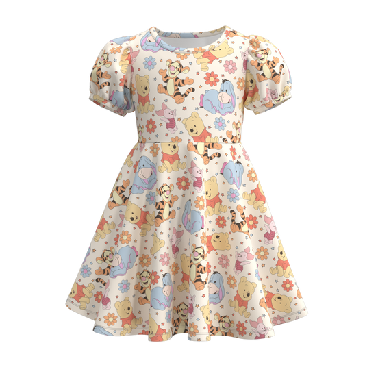 (Custom Design Preorder MOQ 5) Cartoon Bear Friends Print Girls Knee Length Summer Dress