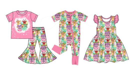 12.12(Custom Design Preorder MOQ 5 Each Design) Cartoon Street Print Girls Easter Matching Clothes Sisters Wear