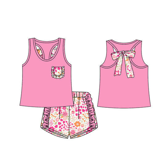 12.13(Custom Design Preorder MOQ 5) Hot Pink Pocket Vest Top Flowers Shorts Girls Summer Clothes Set