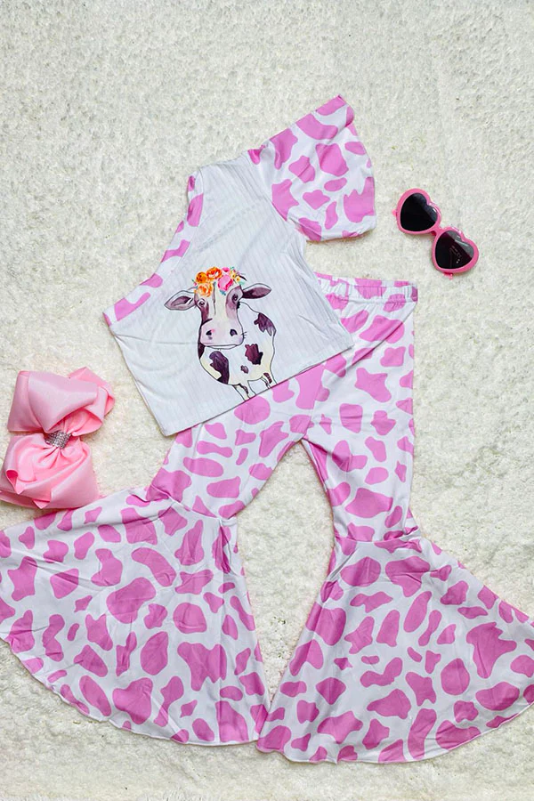 (Custom Design Preorder MOQ 5) Cow Pink Print Bell Pants Girls Clothes Set