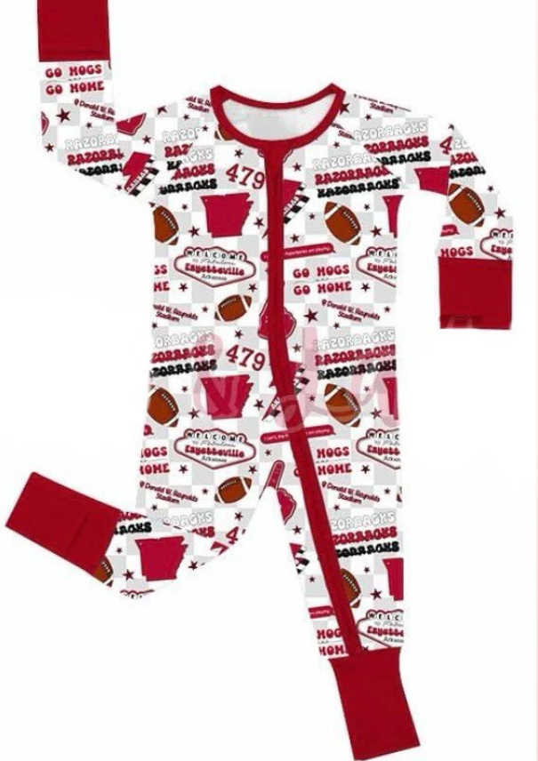 (Custom Design Preorder MOQ 5) Football 479 Print Baby Girls Fall Sleeper Zipper Romper