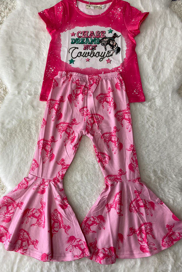 (Custom Design Preorder MOQ 5) Cowboys Top Pink Bell Pants Girls Western Clothes Set
