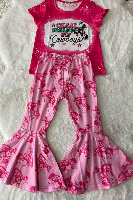 (Custom Design Preorder MOQ 5) Cowboys Top Pink Bell Pants Girls Western Clothes Set