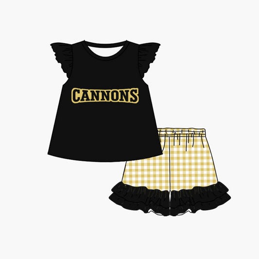 (Custom Design Preorder MOQ 5) Team's CANNONS Top Plaid Shorts Girls Summer Clothes Set