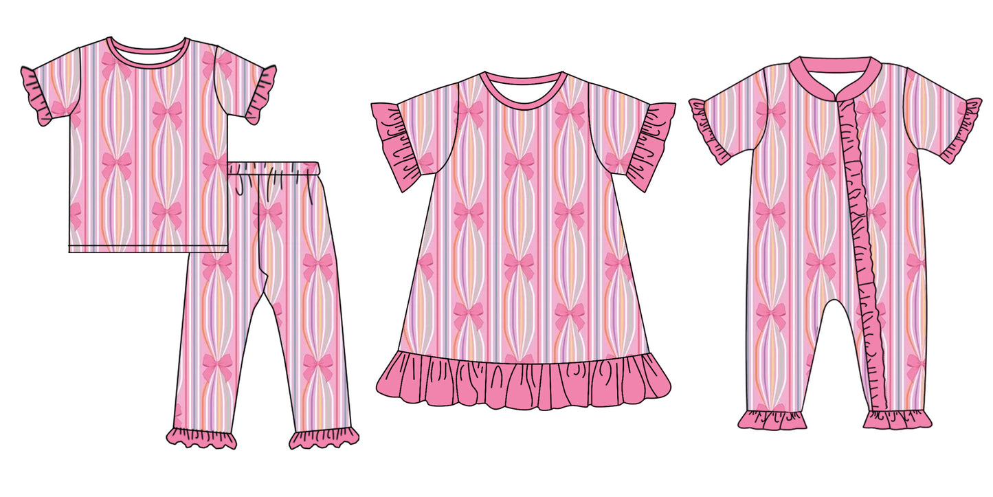 11.9(Custom Design Preorder MOQ 5 Each Design) Pink Bows Stripes Print Girls Valentine's Day Matching Clothes Sisters Wear