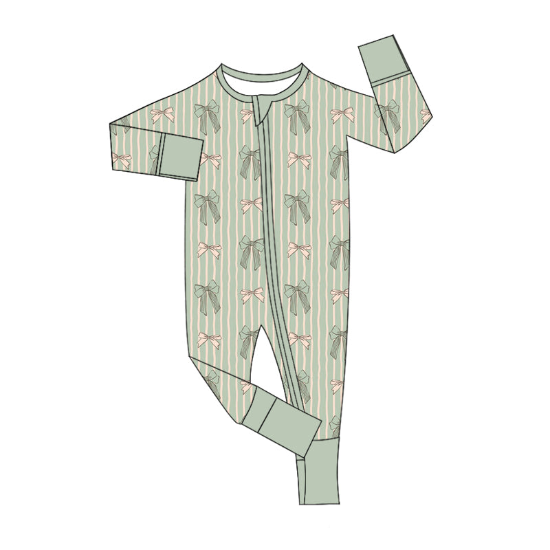 (Custom Design Preorder MOQ 5)  Bows Green Stripes Print Baby Girls Bamboo Sleeper Zipper Romper