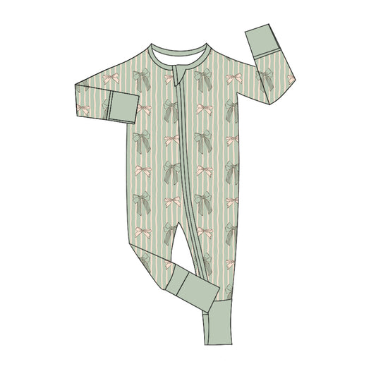 (Custom Design Preorder MOQ 5)  Bows Green Stripes Print Baby Girls Bamboo Sleeper Zipper Romper