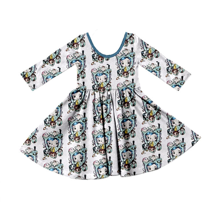 (Custom Design Preorder MOQ 5) Cartoon Coraline White Print Girls Knee Length Fall Dress