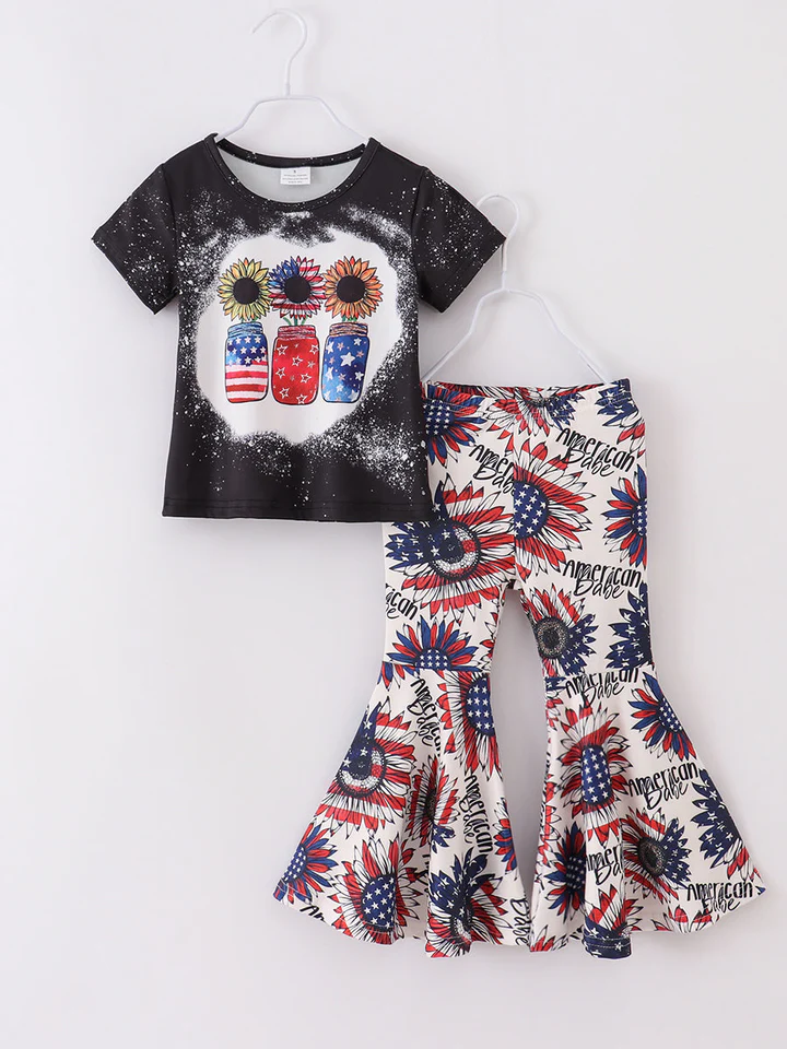 (Custom Design Preorder MOQ 5) Sunflowers Stars Top Bell Pants Girls 4th of July Clothes Set