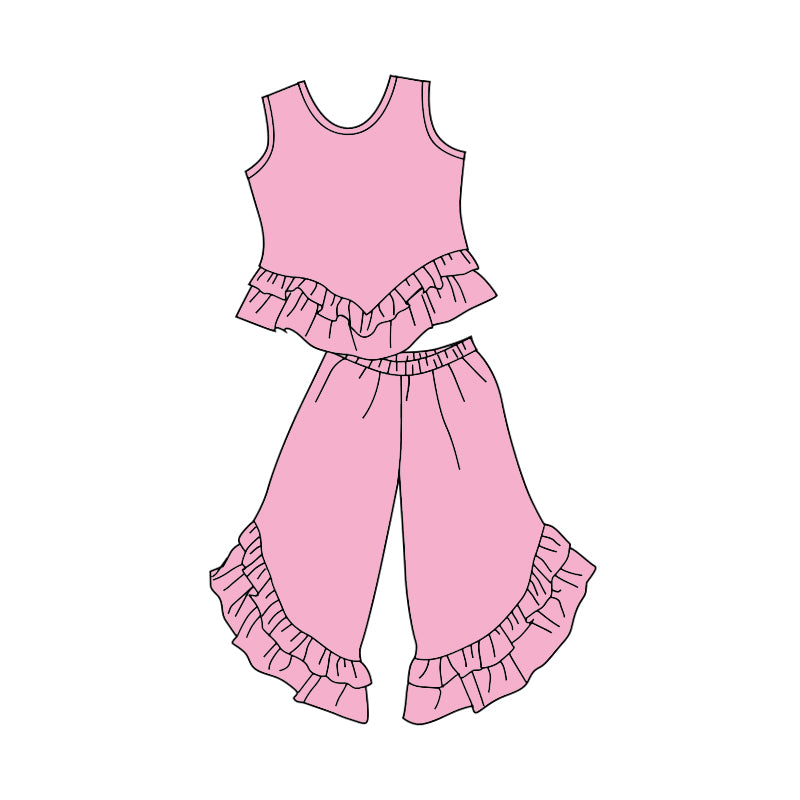 (Custom Design Preorder MOQ 5) Pink Sleeveless Top Ruffles Pants Girls Clothes Set
