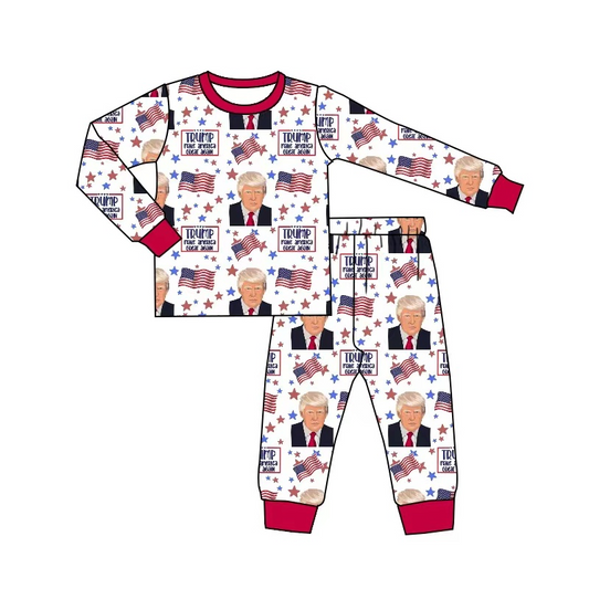 (Custom Design Preorder MOQ 5)  Trump Flags Print Kids Pajamas Clothes Set