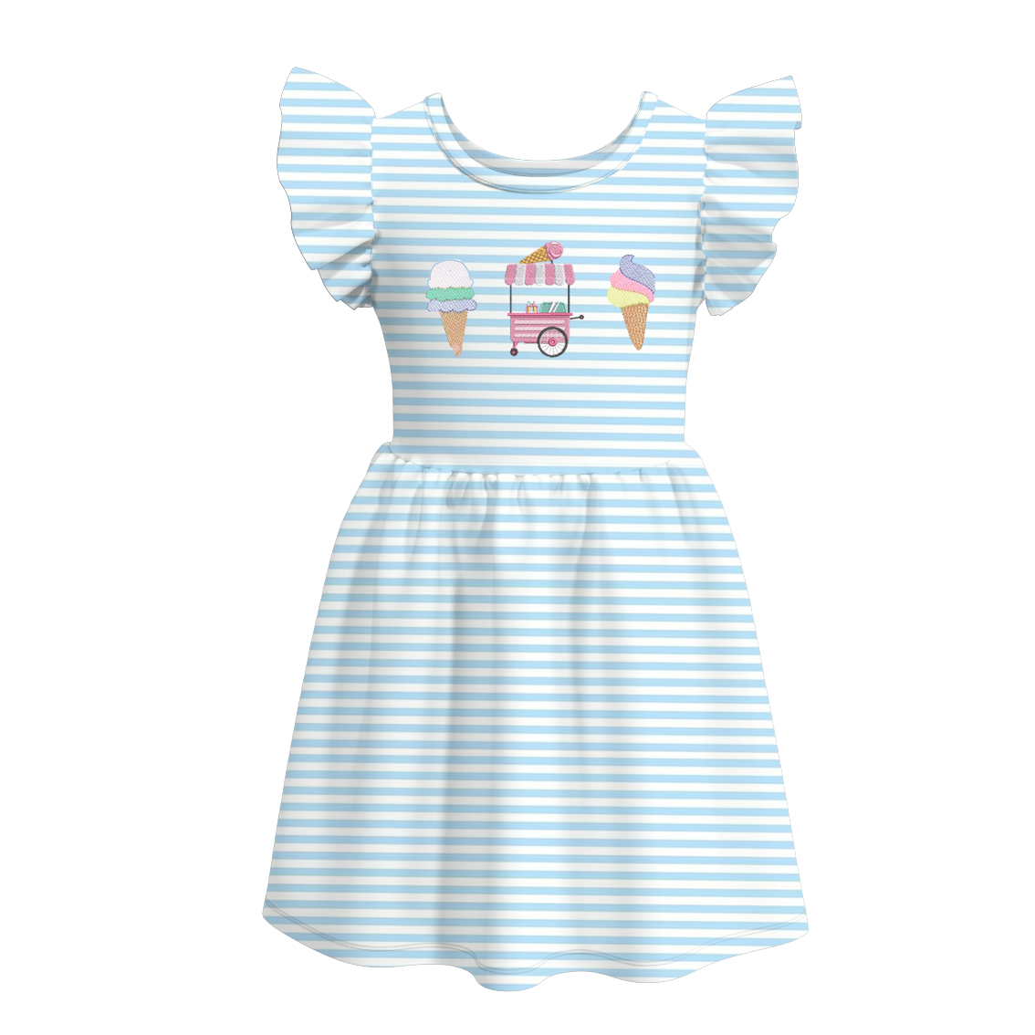 (Custom Design Preorder MOQ 5) Ice Cream Blue Stripes Print Girls Knee Length Summer Dress