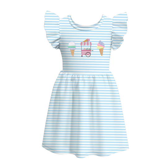 (Custom Design Preorder MOQ 5) Ice Cream Blue Stripes Print Girls Knee Length Summer Dress