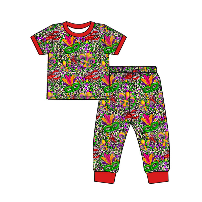 12.4(Custom Design Preorder MOQ 5) Mask Crayfish Leopard Print Boys Mardi Gras Pajamas Clothes Set