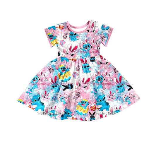 (Custom Design Preorder MOQ 5) Cartoon Animals Egg Girls Knee Length Easter Dress