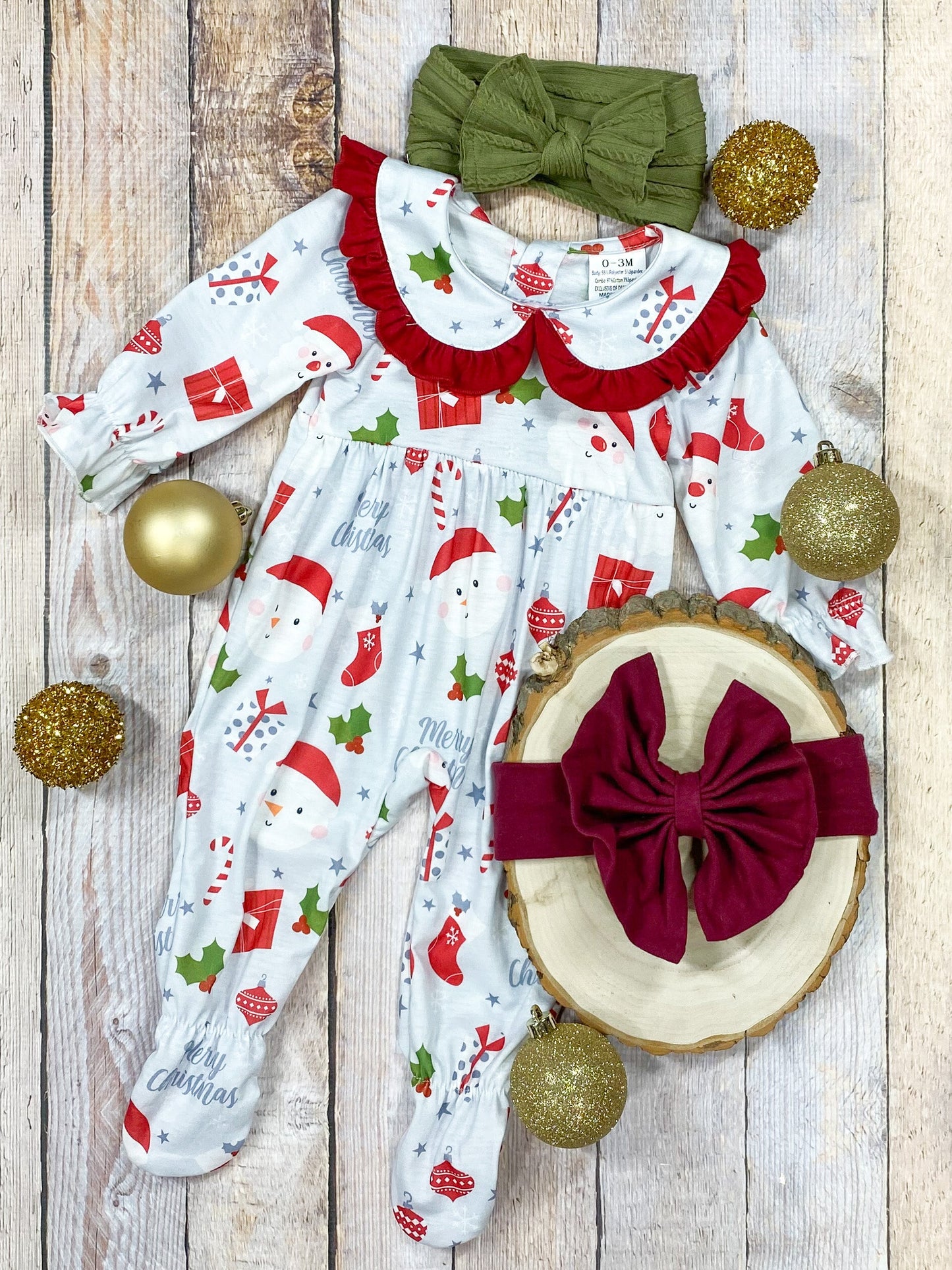 (Custom Design Preorder MOQ 5) Santa Holly Candy Cane Print Baby Girls Christmas Romper