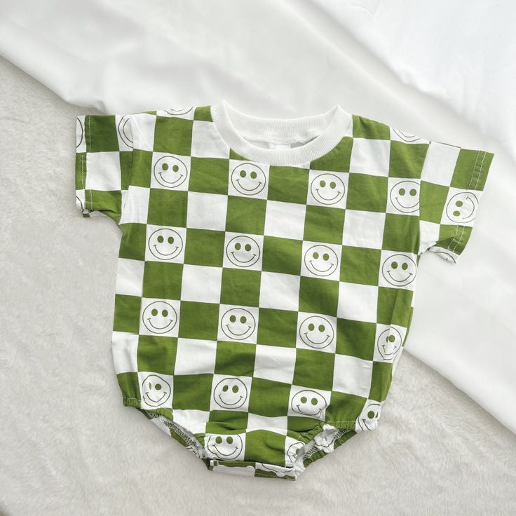 (Custom Design Preorder MOQ 5) Green Plaid Smiling Face Print Baby Kids Summer Romper