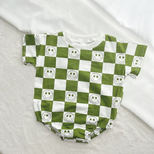 (Custom Design Preorder MOQ 5) Green Plaid Smiling Face Print Baby Kids Summer Romper